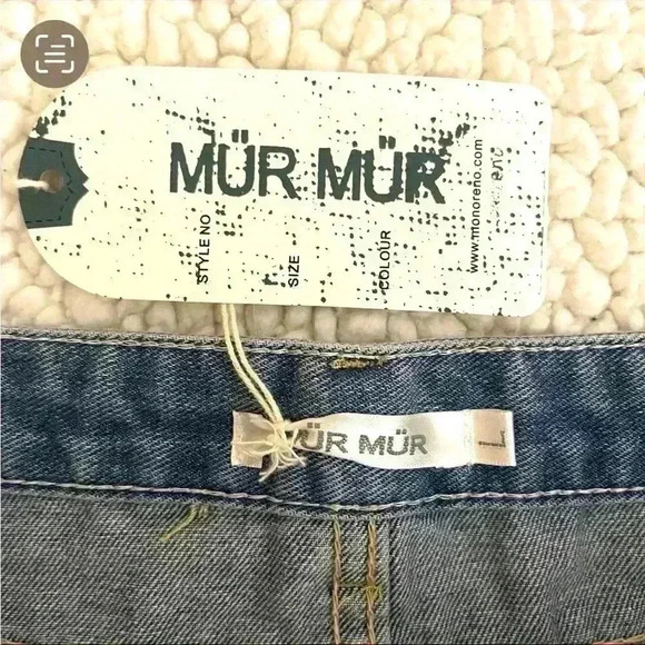 NWT Mur Mur Highrise Med Wash Distress Webbed Cuffed Denim Jean Shorts Size L - Picture 10 of 12